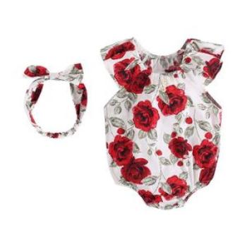 Rose Flowers Newborn Baby Girls Bodysuit+Headband Summer New