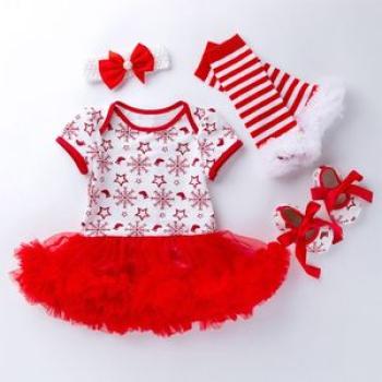 Four-piece Baby Short-sleeved Christmas Cartoon Print Dress