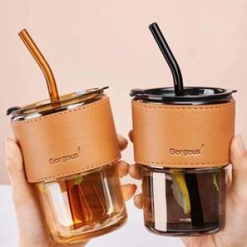 Internet Celebrity Glass Bamboo Cup with Straw Opening Small Drainage Gift Water Cup Female Summer G