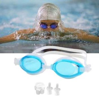 Swim Goggles With Earplugs Adult Adjustable Light Blue