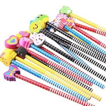 Kids Wooden Pencils 12 Pack Colorful Stripe Pencil With Cute Cartoon Animals Eraser for School Suppl