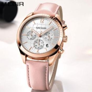 Megir Women`s Leather Quartz Watches Chronograph Clock 24 Hours Waterproof Wristwatch For Lady Girl