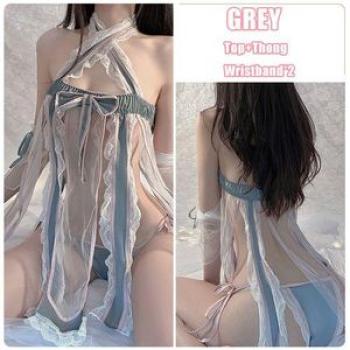 (Grey)Halter Backless Women Lingerie Chinese Traditional Mesh Tempatation Nightdress Off Shoul WSY