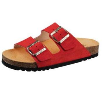 Double Strap Leather Slippers -Red