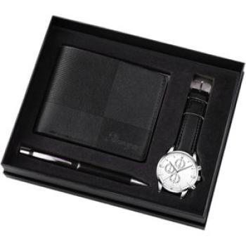 Men`s Leather Watch/Wallet/Pen Gift Box Set - Black
