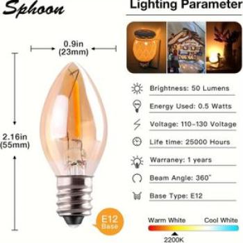 C7 LED 0.5W Nightlight Candle Bulb, Amber Glow 5w Incandescent Replacements E12 Candelabra Base led