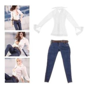 16 Scale Long Sleeve Shirt Jeans Set Fit 12` Female Jeans Belt Shirt