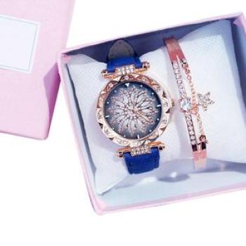 1 Set Ladies Watch Bracelet Set Luxury Faux Diamond Watch Bracelet Set Blue