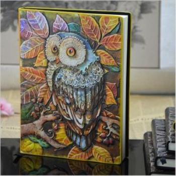 01663 Vintage Thick Handmade Leather Carving Owl Sketchbook Journal