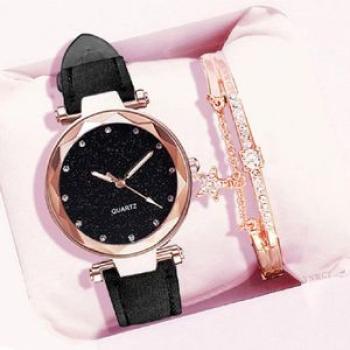 Fashion Women`s Watch Leather Strap Casual Ladies Watch + Bracelet  -Black
