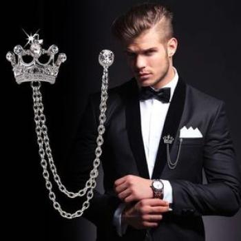 British Style Chain Crown Brooch Suit Tassel Chain Lapel Pin Badge Retro Men