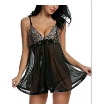 Women Sexy Strap Lace Mesh See-through Sequin Lingerie Set Babydoll Sleepwear Mini Night Dress + G-S