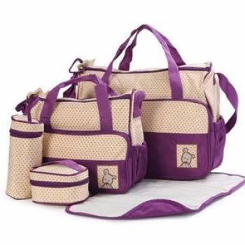 Practical Diaper Bag Set - 5 Pieces - Purple/Cream