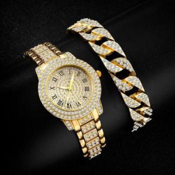 Luxury Rhinestone Women`s Gold Watch Set - Fashionable Quartz Wristwatch with Bracelet