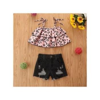 Girls Leopard Print Sling Top Ripped Jeans Two Piece Set (Color:Pink Size:110)