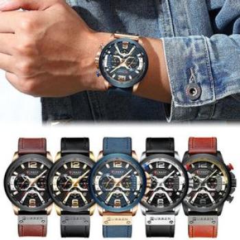 Curren Mens Watches with 3 Sub-Dials & Auto Date PU Strap Business Chronograph Dial Quartz Watch Gif