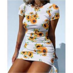 whiteNew Style Women Slim Sheath Short Dress Ladies Young Style Sunflower Mini Dress Summer Dyeing D