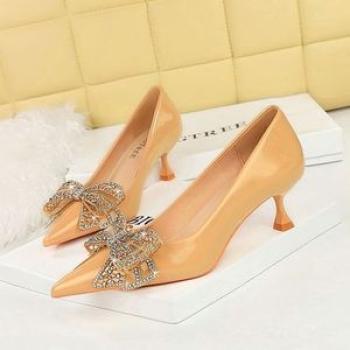 Women`S Shoes Middle Heels Patent Leather Rhinestone Bow Pumps Pink