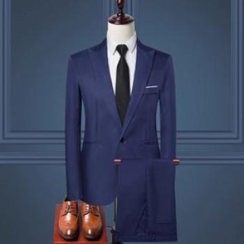 2 Piece Set Fashion Men`s Slim Fit Formal Business Suit(Jacket + Pants)-Blue