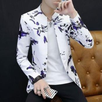 (White)Men`s Printed Small Suit Male Korean Version Of The Self-cultivation Stand-up Collar Chinese