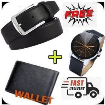 Long Lasting Quality Men Buckle Leather Belt- Black+Wallet + Watch