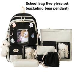 5-Piece Backpack Set Youth School Bag Beautiful Backpack (Excluding Pendants)-Black