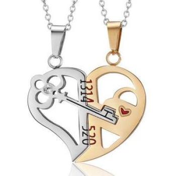 2 In1 Couple Necklace Pendant Love Heart CZ Puzzle Matching-YS - Silver/Gold