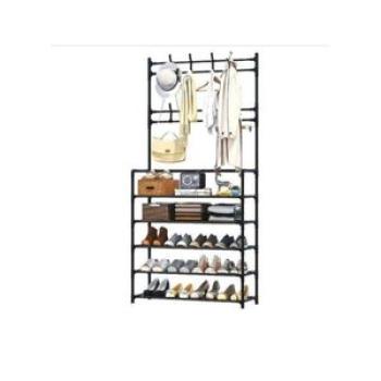 Metal Coat Hanger with 8 Hooks Wardrobe with Shoe Rack - Black