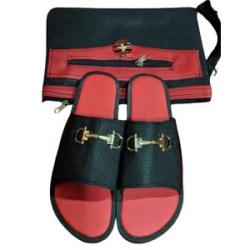 Fashion Men Leather Slippers with Clutch Bag - Black/ Red