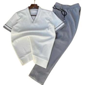 Short Sleeve Shirt With Pants Kaftan Wear - White/ Ash