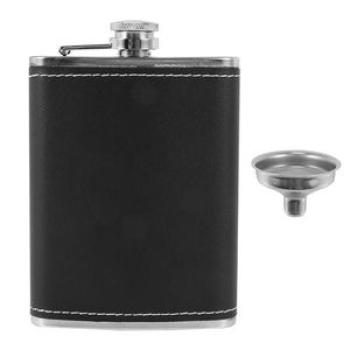 Pocket Hip Flask 8 Oz with Funnel Stainless Steel with Black Leather Wrapped Cover and Leak Proof  F