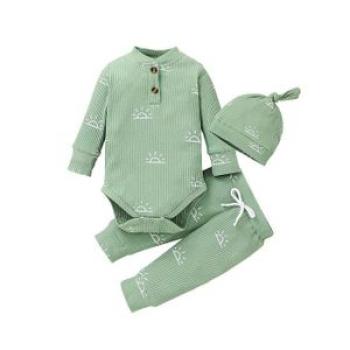 Fashion 3PCS Baby Clothes Set Spring Romper Infant Pants Cap Outfit