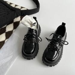 （Black Glossy）New Fashion Women Shoes Thick Bottom Square Heel Lace Up Footwear College Style Lolita