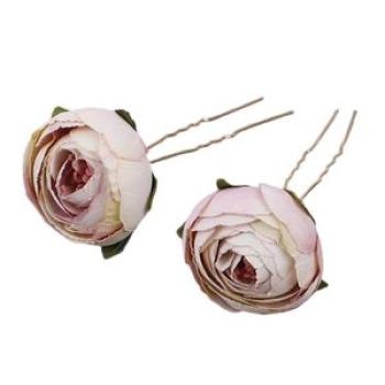 Pair U Shape Hairpins Headdress Set with Color-preserving Metal Silk Rose Design for Bridesmaid Wedd