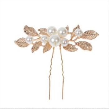 Sweet U Shape Hairpin Headgear Baroque Gold Leaves Headdress with Pearls for Bride Bridesmaid Weddin