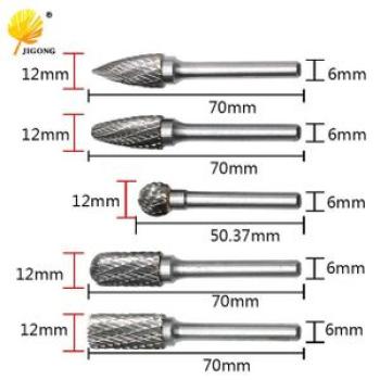 Jigong 5pcs/set orted 12mm Head Tungsten Carbide Rotary Point Burr Die Grinder Bit 6mm Shank Milling