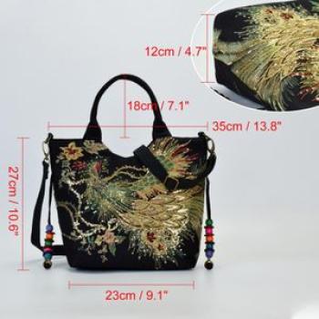 Women Shoulder Bag Peacock Embroidered Shiny Sequins Zipper Canvas Tote Bag Handbag