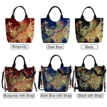 Women Shoulder Bag Peacock Embroidered Shiny Sequins Canvas Tote Bag Handbag Adjustable Straps Cross