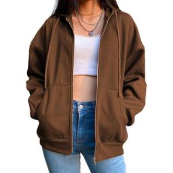 Women`s Solid color Cotton Blend Zipper Hoodie Coffee M