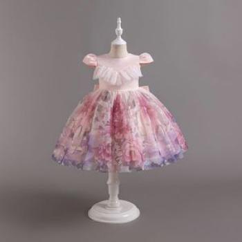 Flying Sleeve Dress Shirt Flowers Print Girls Dress Kids Princess Gown Pink