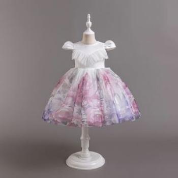 Flying Sleeve Dress Shirt Flowers Print Girls Dress Kids Princess Gown White