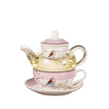 Ceramic Flower Teapot Flower Bird Cup Saucer Glass Pot Set