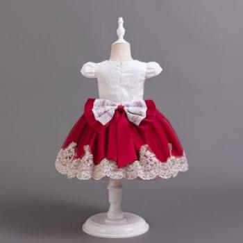 Toddler Children Party Frocks Lovely Kids Dresses Lace Fabric Baby Clothes Red