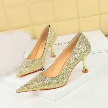 Shallow Mouth Pointed High-Heeled Pumps Glitter Fabric Mid Heels Gold