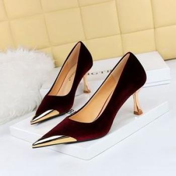 Suede Women`S Stiletto Mid Heels Metal Pointed Ladies Pumps Red