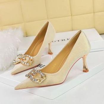 Diamond Bow Mid Heels Ladies Pumps Flannel Women Shoes Stiletto Gold