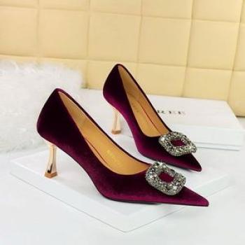 Mid Heels Women`S Pumps Pointed Rhinestone Buckle Ladies Shoes Purple